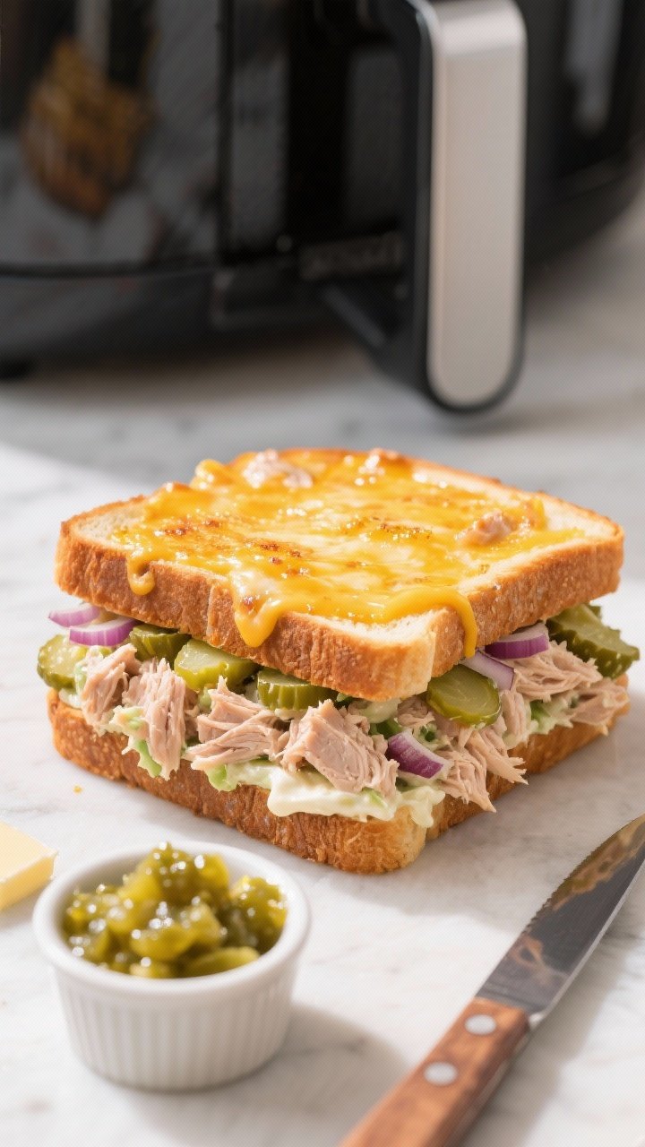 45-degree close-up of a pantry tuna melt just out of the air fryer: thick slices of toasted bread with a bubbling cheesy top (optional), inside a creamy tuna salad mixed with mayonnaise, Dijon mustard, finely chopped pickles/relish, and bits of onion peeking from the edge; a small ramekin of extra pickle relish and a butter knife nearby; crisp, bright lighting emphasizing the flaky tuna texture and tangy green relish.