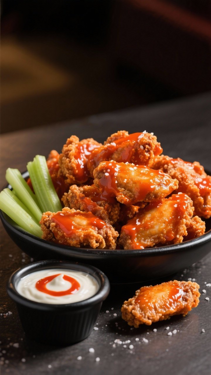 45-degree close-up of Buffalo Wild Wings-style boneless wings, ultra-crispy exterior tossed in a shiny orange-red buffalo sauce, piled in a shallow black bowl; a side ramekin of ranch, celery sticks, and a small dish showing buttermilk with a swirl of hot sauce; visible texture from the flour–cornstarch–baking powder dredge with kosher salt; warm, sports-bar vibe with moody background and directional light.