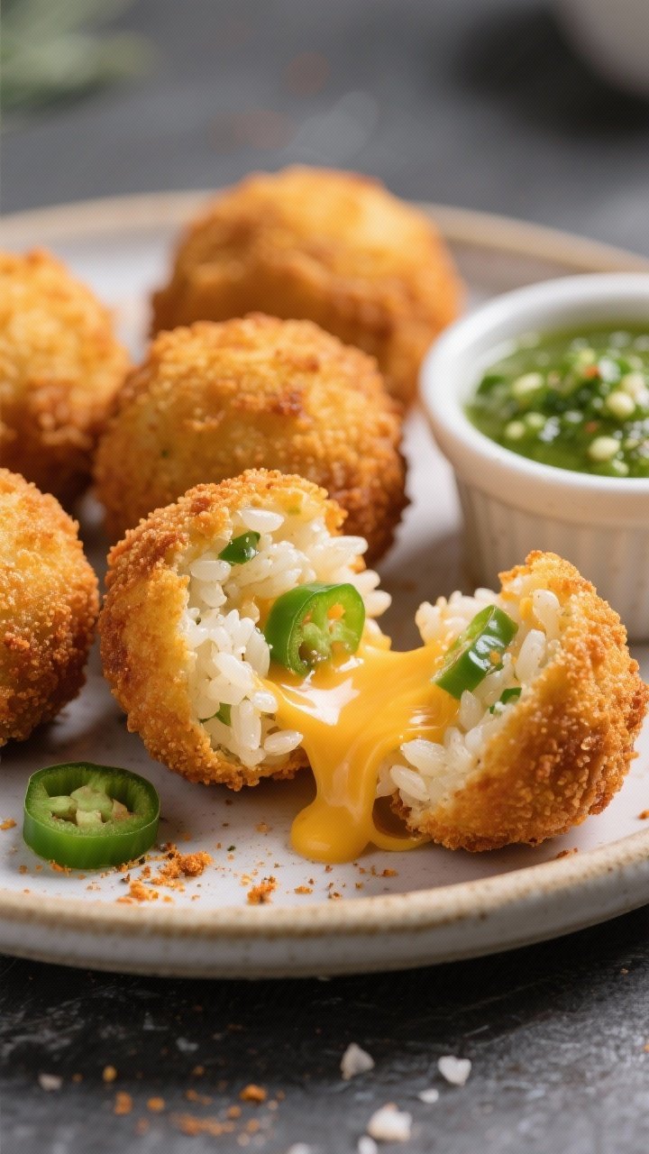 45-degree close-up of cheddar-jalapeño arancini bites: crisp, golden risotto balls made from cold cooked risotto or sticky short-grain rice mixed with sharp cheddar, finely chopped jalapeños, garlic powder, and kosher salt, air-fried to a crunchy shell with cheesy pull in a broken piece. Serve on a small platter with a vibrant salsa verde ramekin. Highlight flecks of green jalapeño and molten cheddar.