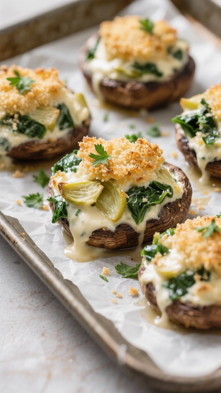 45-degree close-up of cheesy spinach-artichoke stuffed mushrooms on a parchment-lined tray: cremini caps overflowing with creamy light cream cheese filling, chopped baby spinach and artichoke hearts, topped with a crisp, golden crown (panko and Parmesan look); a sprinkle of fresh parsley; gooey edges where filling meets mushroom juices, shot to highlight contrast of creamy vs. crunchy.