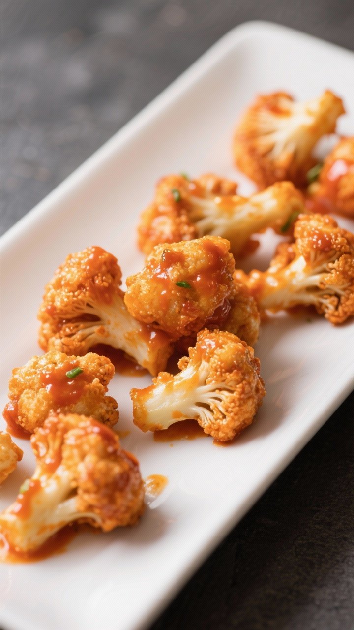 45-degree close-up of crispy Buffalo cauliflower bites: