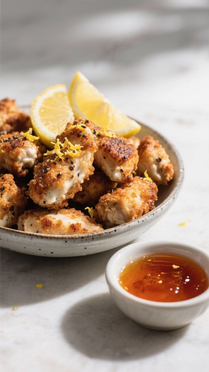 45-degree close-up of crispy lemon-pepper chicken bites piled in a shallow enamel bowl: craggy, deeply browned yogurt-marinated thigh pieces speckled with lemon zest and coarse pepper; glossy hot-honey dip in a small bowl with a drizzle trail; lemon wedges and a sprinkle of fresh zest on top; light, bright scene with gentle shadows emphasizing crunch.