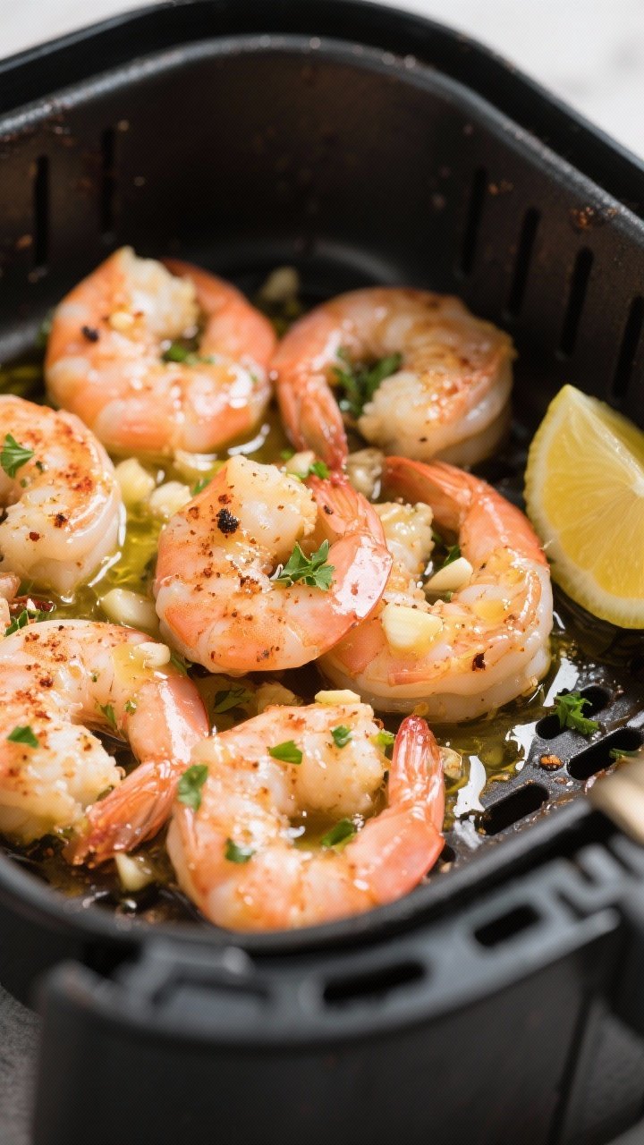 45-degree close-up of garlic butter shrimp sizzling in the air fryer basket: plump pink shrimp glossed with melted butter and olive oil, speckled with minced garlic, smoked paprika, salt, and a hint of black pepper; finishing sprinkle of chopped parsley and a wedge of lemon on the side; glistening sauce pooling slightly beneath for a mouthwatering sheen.