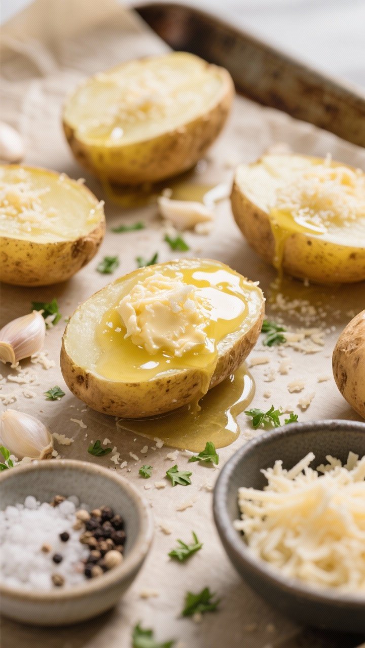45-degree close-up of garlic-parmesan butter bomb skins mid-prep: potato halves on a parchment-lined sheet, being brushed with a glossy mix of melted unsalted butter, olive oil, and finely grated garlic; a small bowl of finely grated Parmesan ready to sprinkle; visible kosher salt and black pepper; herby crunch implied with scattered minced parsley; warm, soft lighting highlighting buttery sheen.