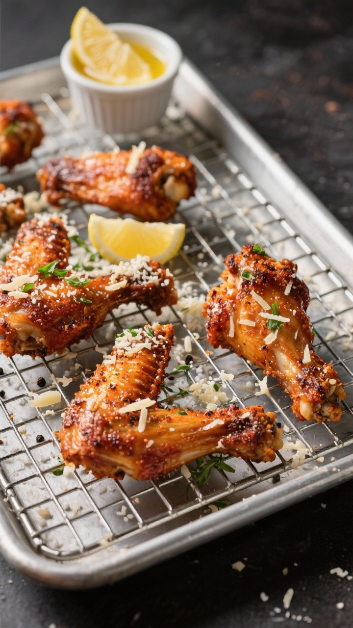 45-degree close-up of garlic-parmesan chicken wings on a wire rack over a sheet pan, skin blistered and mahogany from air frying. Dry rub crust from aluminum-free baking powder, kosher salt, black pepper, and garlic powder; shower of finely grated parmesan and micro-grated garlic over top. Small bowl of lemon wedges and a ramekin of melted butter-garlic drizzle in background. Crisp, high-contrast lighting to showcase juicy interior at a broken wing joint.
