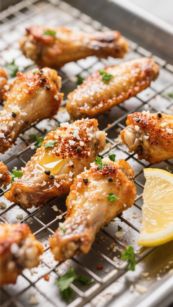 45-degree close-up of garlic-parmesan chicken wingettes on a wire rack set over a sheet pan: deeply rendered skin from baking powder rub, speckled with kosher salt, black pepper, garlic powder, and paprika; finished with melted butter and a snowfall of finely grated Parmesan; garnished with chopped parsley and lemon wedges off to the side; crisp, juicy look with glistening fat and crackly skin.