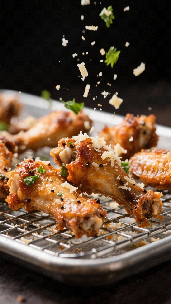 45-degree close-up of garlic-parmesan wingettes/drumettes on a wire rack set over a sheet pan, ultra-crispy skin achieved with baking powder, salt, black pepper, and garlic powder; shower of finely grated Parmesan and chopped parsley falling mid-air, glistening rendered fat, moody background, tight depth of field to highlight blistered texture.