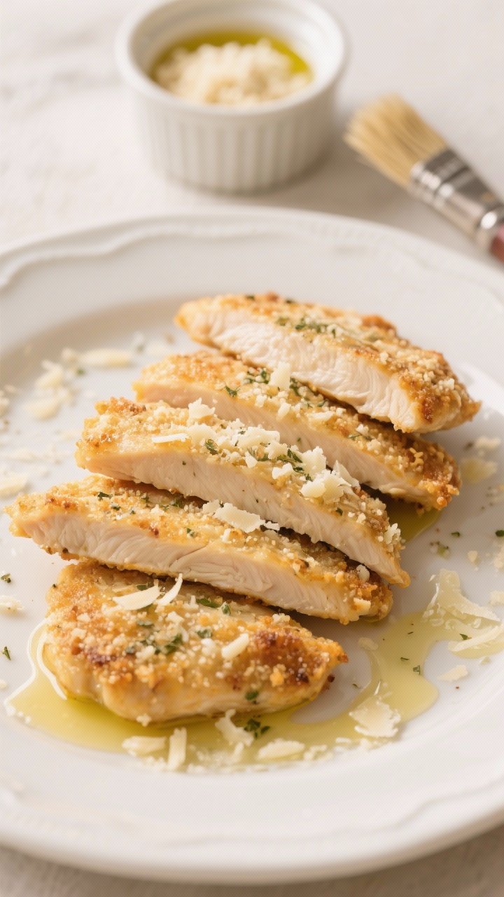 45-degree close-up of garlicky Parmesan chicken cutlets: four thin, golden cutlets stacked slightly, showing a crisp crust of grated Parmesan, panko, garlic powder, onion powder, and Italian seasoning. Serve on a warm white plate with a drizzle of olive oil sheen and a sprinkle of extra Parmesan. Background includes a small ramekin with the breadcrumb-Parmesan blend and a brush lightly slicked with olive oil, shallow depth of field to emphasize juiciness.