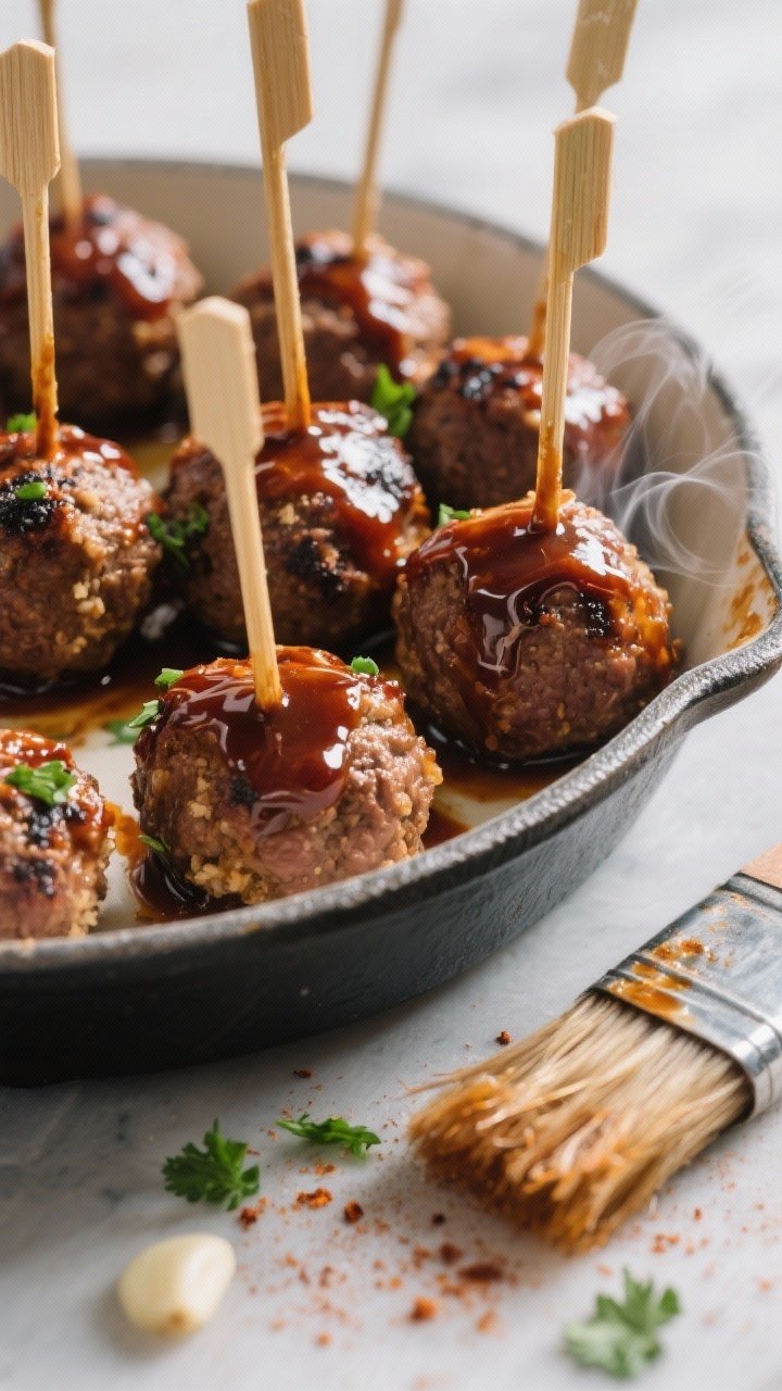 45-degree close-up of smoky BBQ meatball bites on toothpicks, glossy sticky glaze clinging to charred edges; meatballs made from ground beef, breadcrumbs, milk, egg, salt, smoked paprika, garlic powder, and onion powder; served in a shallow enamel pan, brush with extra sauce resting nearby, faint wisps of steam and a sprinkle of chopped parsley.