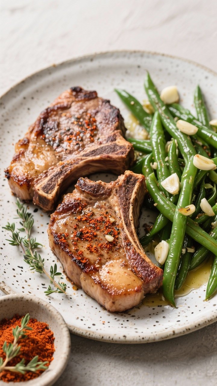 45-degree close-up of smoky paprika pork chops with quick garlicky green beans: two thick boneless chops seared with smoked paprika, garlic powder, dried thyme, kosher salt, and black pepper, a bronzed crust visible. Side of vibrant green beans slicked with olive oil and minced garlic. Serve on a speckled ceramic plate; a small dish of smoked paprika and thyme sprigs near the rim for styling.