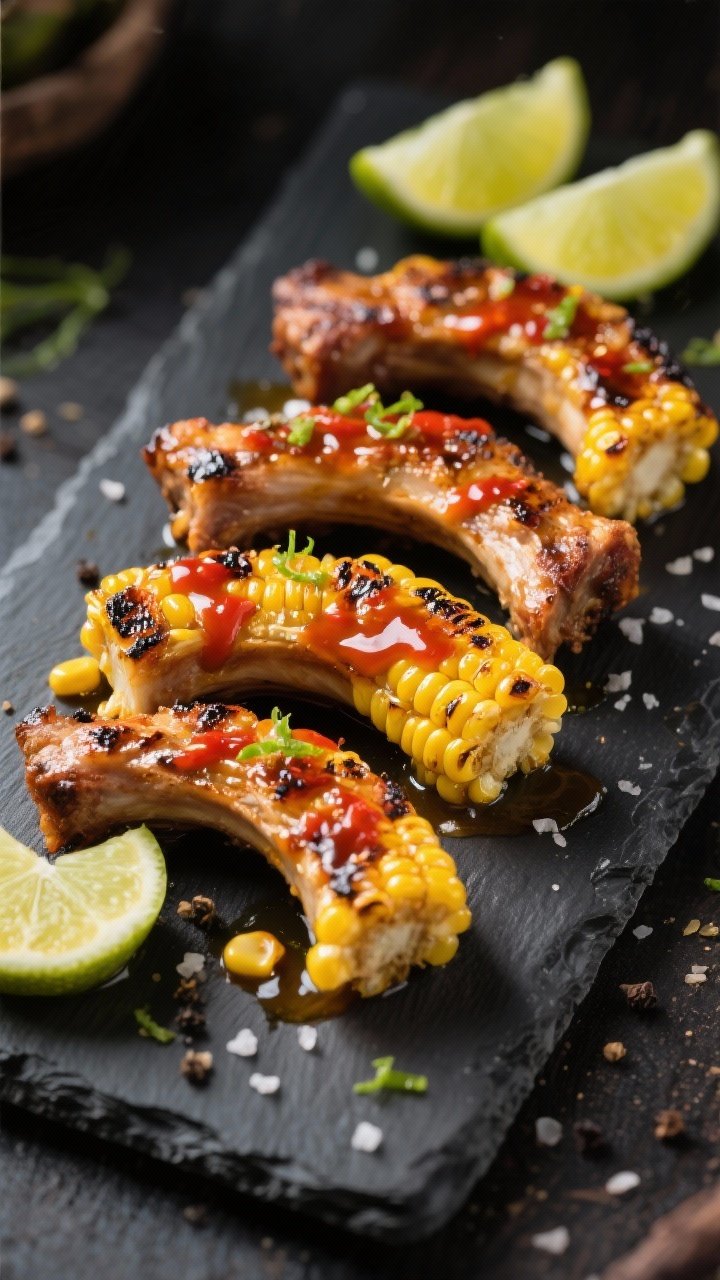 45-degree close-up of sweet chili-lime corn ribs: quartered corn ears curled into rib shapes, charred edges and juicy kernels brushed with sweet chili sauce, glistening with olive oil; finished with lime juice and zest, sprinkled with kosher salt and cracked black pepper; served on a dark slate board with lime wedges; sticky-sweet glaze catching the light.