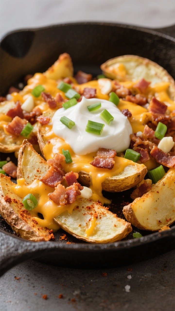 45-degree comfort-food close-up: Loaded potato skin wedges on a cast-iron skillet—air-fried russet wedges seasoned with oil, kosher salt, paprika, and garlic powder; topped with melted cheddar, crumbled bacon, and a drizzle of sour cream; finely sliced green onions sprinkled over; crisp edges and fluffy centers visible.