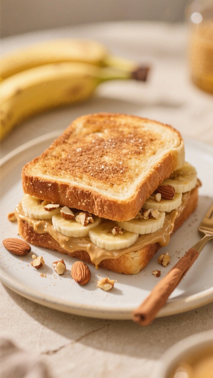 45-degree cozy breakfast scene of a nutty banana tahini crunch toastie on brioche/challah: buttery, cinnamon-sugar dusted rind shimmering; inside shows creamy tahini and peanut (or almond) butter with neatly layered ripe banana slices; chopped toasted almonds (or other nuts) sprinkled inside and a few scattered on the plate; warm golden tones, honeyed highlights, soft morning light; no utensils touching, no people.