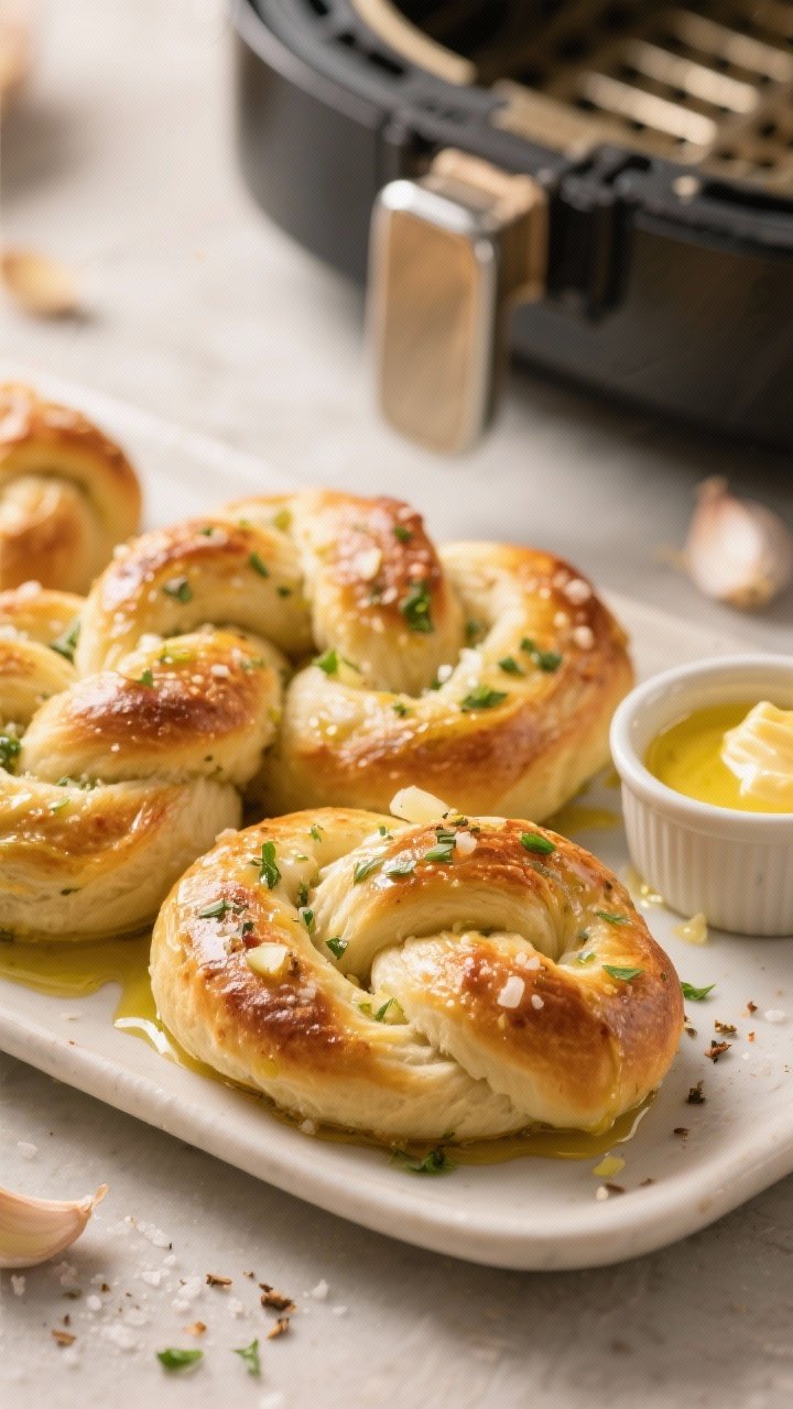 45-degree cozy scene of herby garlic bread knots: twisted knots of pizza dough brushed with melted unsalted butter and olive oil, speckled with minced garlic, Italian seasoning, and kosher salt; golden edges with a soft sheen, a small ramekin of extra garlicky butter on the side, warm ambient lighting to emphasize irresistible aroma and freshly cleaned, gleaming air fryer basket in the background.