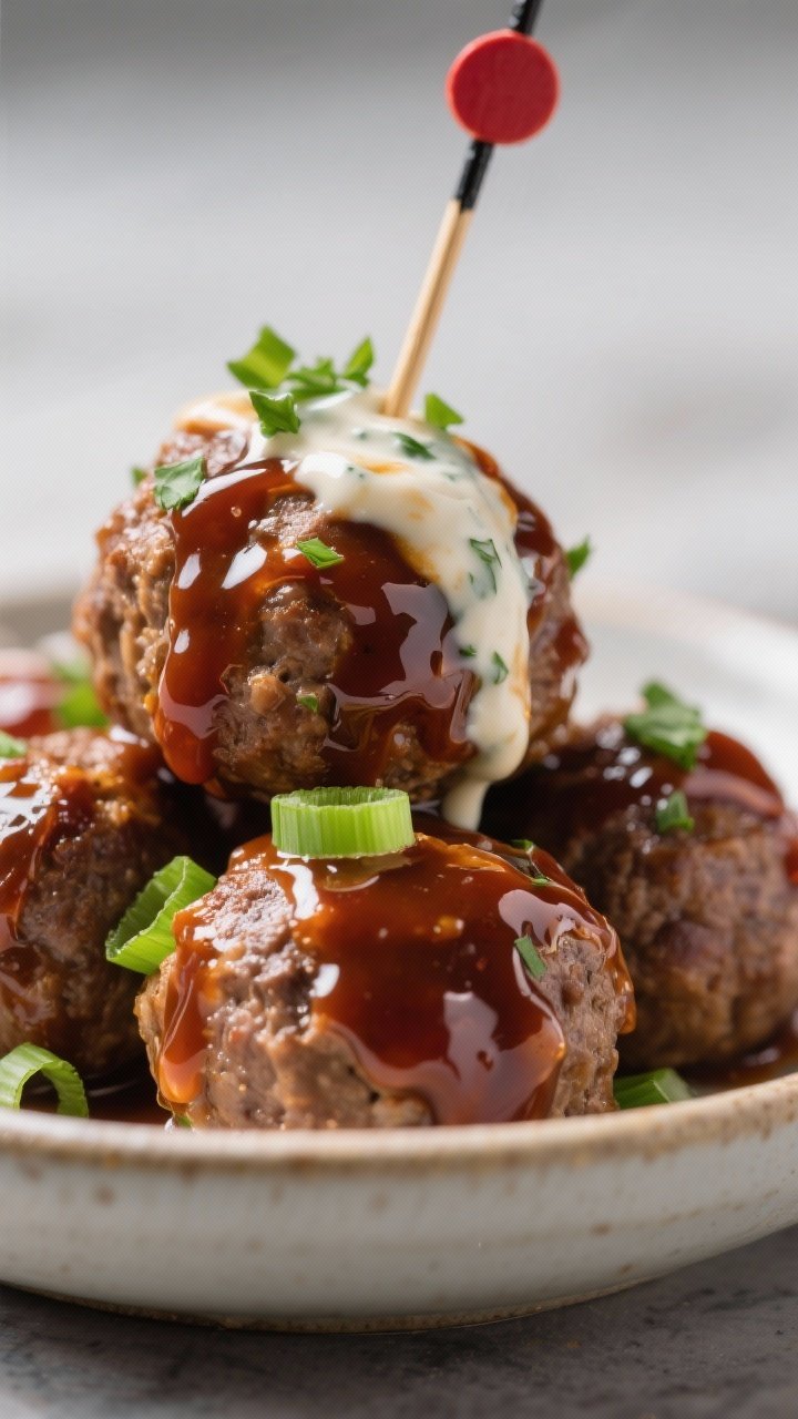 45-degree glossy glaze close-up: BBQ ranch meatball bites stacked in a shallow bowl, frozen meatballs transformed with a sticky coat of barbecue sauce, ranch dressing, honey, and a touch of hot sauce; glistening glaze with visible brush strokes; sprinkled with chopped parsley and thin green onion rounds; cocktail picks inserted for serving.