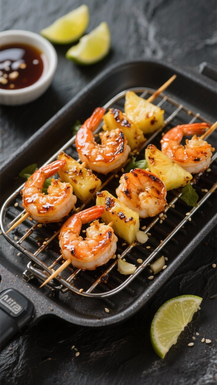 45-degree grill-pan style shot: honey-garlic shrimp skewers with charred edges, glistening in a soy sauce, honey, rice vinegar, sesame oil glaze; alternating with caramelized pineapple chunks on the skewers. Tiny sesame oil sheen and minced garlic visible on the shrimp. Set over a dual-basket air fryer rack insert on a dark slate surface, with a small bowl of extra glaze and a few lime wedges for pop, bright, tropical tones.