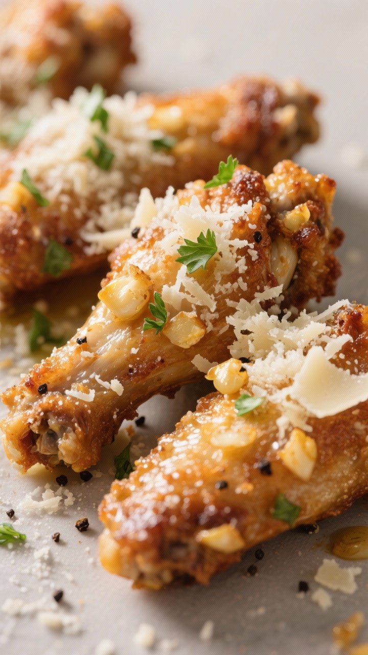 45-degree macro close-up of garlic parmesan wings with a dry, herby crunch: grated Parmesan clinging to nooks of the crispy skin, tiny golden garlic bits in butter shimmering on the surface, and flecks of black pepper. Extra finely grated Parmesan snowed on top with scattered chopped parsley. Neutral background, shallow depth of field to emphasize granular texture and crunch.