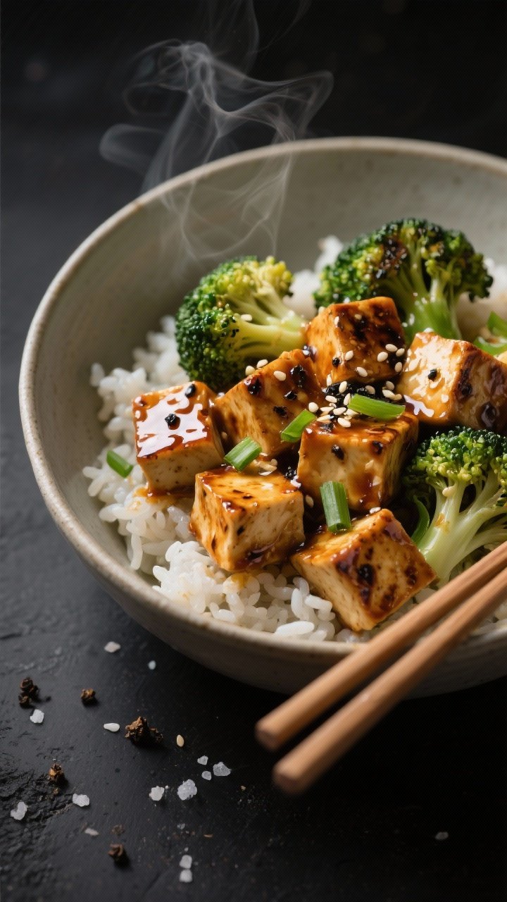 45-degree plated bowl of honey-soy glazed tofu with charred broccoli over steamed rice: deeply caramelized tofu cubes lacquered in glossy honey-soy sauce, broccoli florets with air-fried charred edges, a sprinkle of black pepper and kosher salt visible on the veg, sesame seeds and sliced scallions as garnish; neutral bowl on a matte black surface with chopsticks, steam rising, moody light highlighting the glaze.