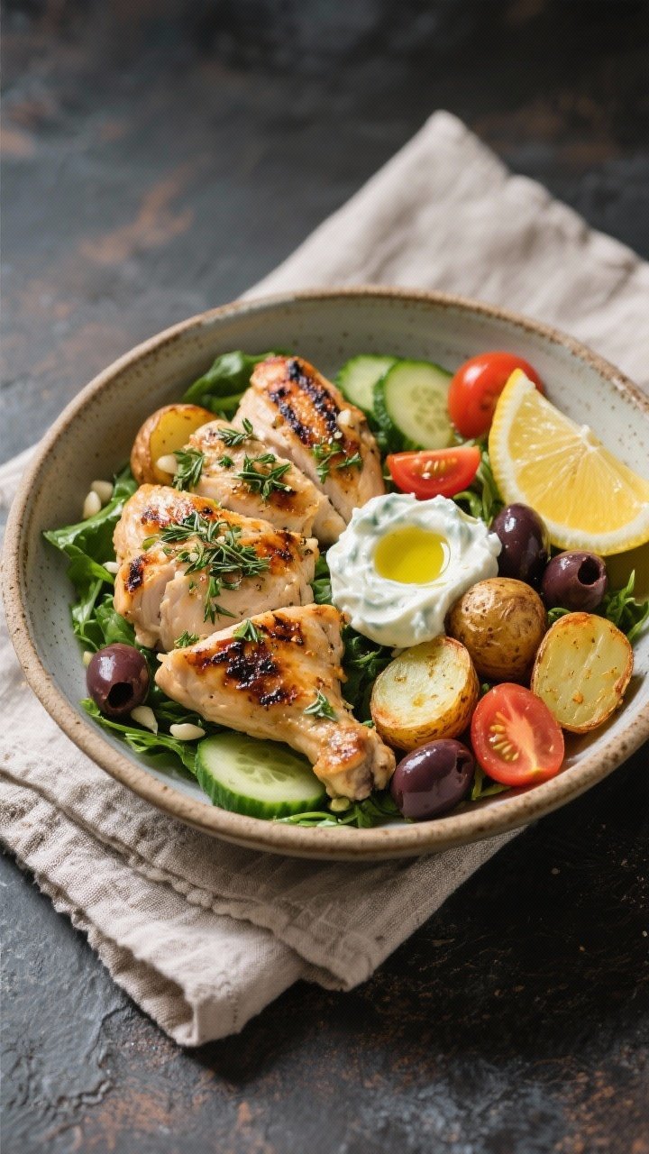 45-degree plated Greek chicken bowls: herbed chicken pieces (thighs or breasts) with oregano and garlic powder charred edges, alongside crispy halved baby potatoes. Serve over a base of greens with sliced cucumber, cherry tomatoes, Kalamata olives, and a dollop of tzatziki. Drizzle of olive oil and lemon wedge on the side; rustic ceramic bowl on a linen napkin.