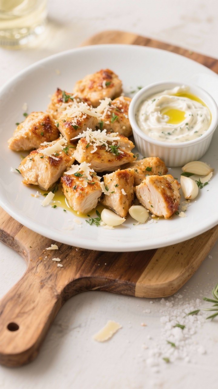 45-degree plated presentation for Garlic Parm “Pizza Night” chicken bites: juicy, lightly golden chicken breast morsels tossed with garlic, Italian seasoning, and a glossy mayo–olive oil coating, finished with grated Parmesan. Arrange in a wide, shallow white bowl with a side of creamy Caesar dip in a small ramekin; scatter minced fresh garlic and Italian herb flecks on the bites. Place on a pizza-peel styled wooden board with a small drizzle of olive oil and a pinch of kosher salt visible; bright, cozy weeknight mood.