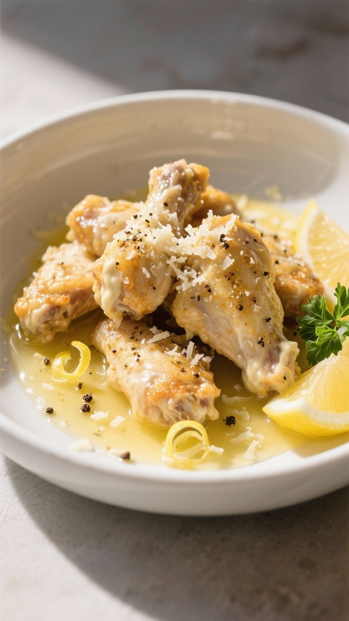 45-degree plated presentation: Lemon pepper–Parmesan boneless wings made from chicken thighs, lightly coated with mayo for cling, tossed in lemon pepper and garlic powder, finished with a shower of finely grated Parmesan. Serve in a wide white bowl with melted zesty butter pooling lightly at the bottom, lemon zest curls and cracked pepper visible. Add lemon wedges and a sprig of parsley for color. Crisp, natural daylight to emphasize golden edges and creamy Parmesan sheen.