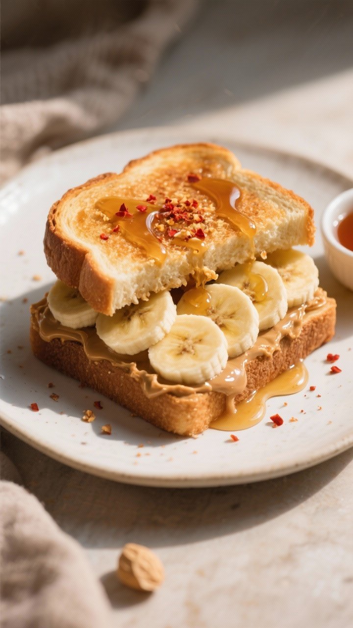 45-degree plated presentation of a PB, banana, and hot honey crunch toastie: golden toasted bread oozing warm peanut butter, layered with neatly fanned banana slices; a glossy drizzle of honey across the top and a light sprinkle of red pepper flakes for heat; a small dish of extra hot honey to the side; soft, cozy morning light highlighting sticky-sweet textures and the contrast of pale banana against nutty brown.