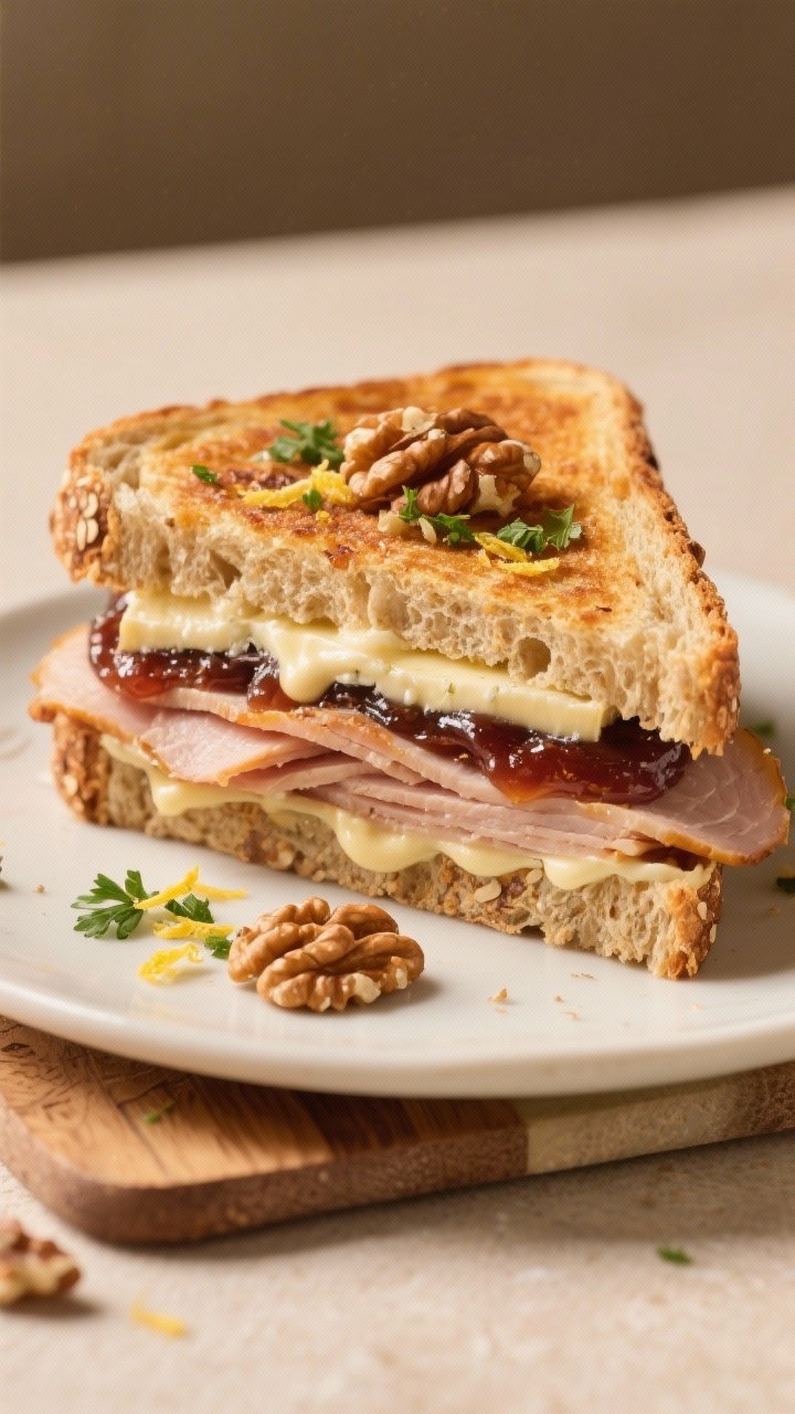 45-degree plated presentation of a smoky turkey, brie, and fig jam toasted sandwich on multigrain bread, golden from butter and a light swipe of mayo; thin slices of brie melting around folds of smoked turkey, a ribbon of fig jam peeking at the seam; topped with a walnut gremolata (chopped walnuts, parsley, lemon zest) scattered partly on the board, partly on the sandwich; warm neutral backdrop, crisp edges, no hands.