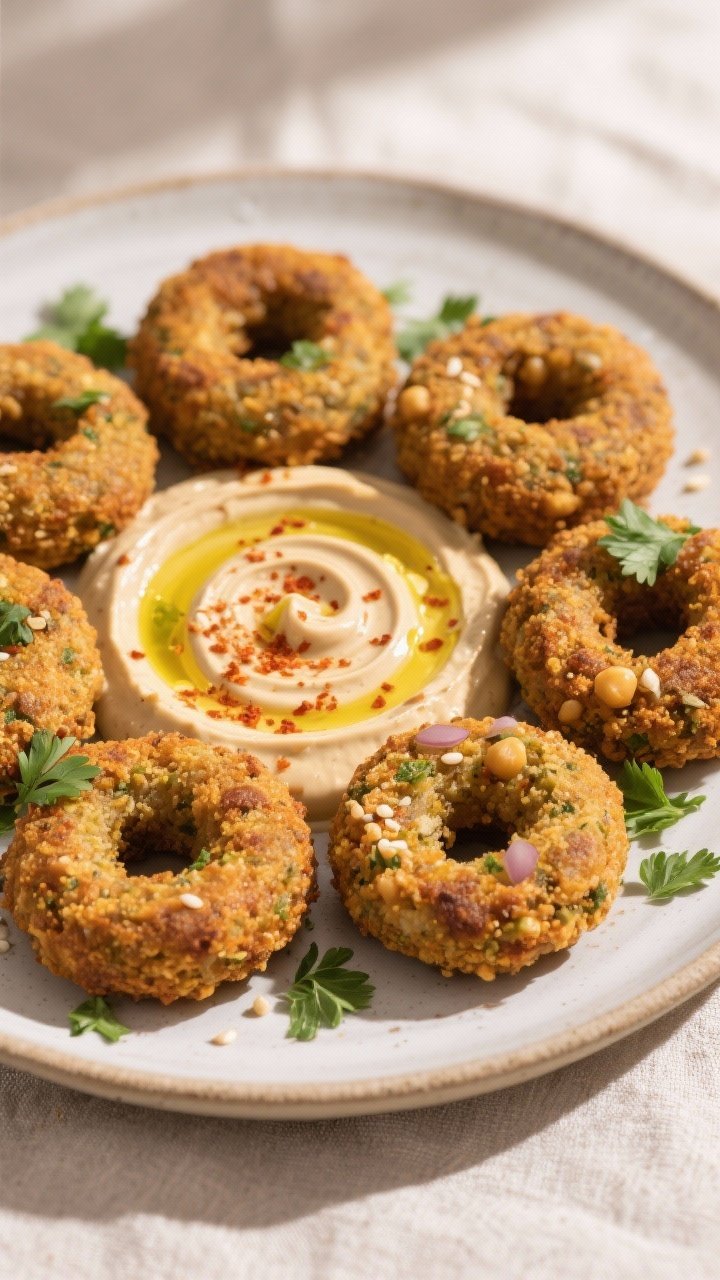 45-degree plated presentation of crispy falafel donuts (ring-shaped), deep golden with a nubbly texture from soaked dried chickpeas, onion, garlic, parsley, cilantro, and cumin-coriander seasoning; arranged around a creamy tahini dip swirled with olive oil and lemon, sprinkled with paprika and sesame; fresh herbs scattered; neutral ceramic plate on a light linen backdrop with soft natural light highlighting the crust.