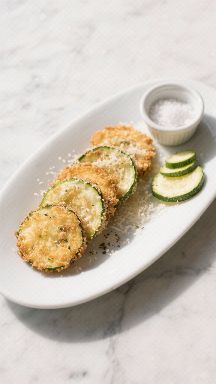 45-degree plated presentation of crispy Parmesan zucchini coins on a white ceramic plate, edges deeply golden and centers tender. Breadcrumb-panko-Parmesan crust reads crunchy, with specks of Italian seasoning visible. Include a small ramekin of coarse salt and a few raw 1/4-inch zucchini slices off to the side to hint at the sweat-and-dry prep. Cool-toned marble surface, crisp light, minimal garnish.