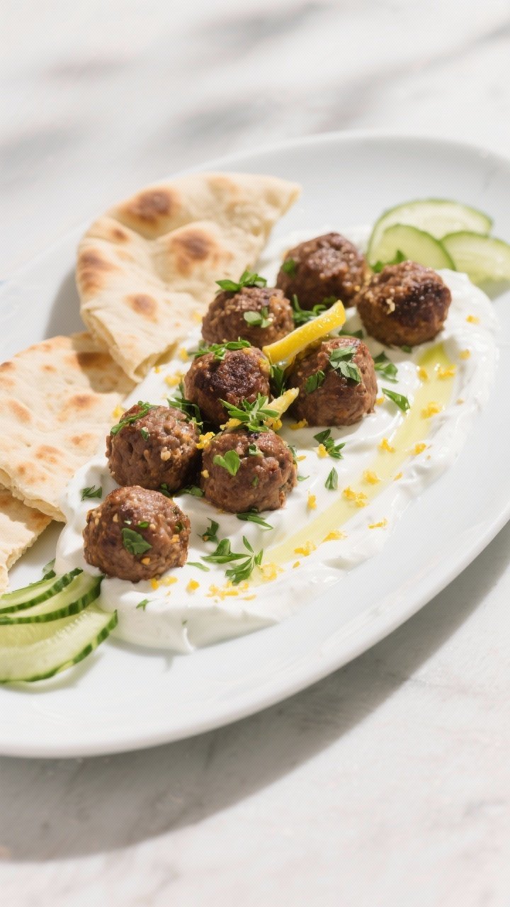 45-degree plated presentation of Greek-inspired beef meatballs with lemon herb yogurt: browned meatballs (breadcrumbs, milk, egg, garlic, grated onion, parsley, dried oregano) nestled on a swoosh of tangy yogurt sauce with lemon zest and dill, sprinkled with chopped parsley, served with warm pita wedges and cucumber ribbons, bright Mediterranean light and cool white ceramics.