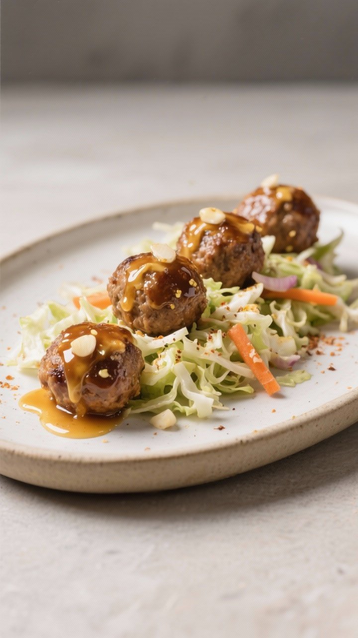 45-degree plated presentation of honey-mustard turkey meatballs, glossy from a Dijon and honey glaze, arranged over a crunchy slaw. The meatballs show flecks of garlic and onion powder; slaw mixes finely shredded cabbage and carrots for texture. Drizzle of extra glaze on the plate, served on a neutral ceramic dish with a minimal backdrop to emphasize the lean turkey.
