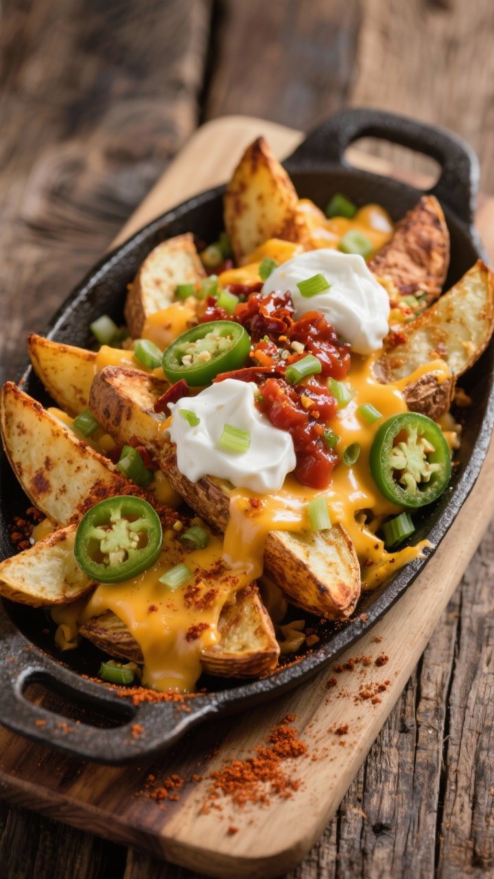 45-degree plated presentation of loaded nacho potato wedges: thick russet wedges, parboiled in salted water, tossed with olive oil, chili powder, smoked paprika, and a hint of additional seasoning, air-fried to crunchy edges. Arrange on a cast-iron platter with melted cheddar, jalapeños, scallions, and dollops of sour cream and salsa (toppings implied by “loaded”). Emphasize blistered skins and steamy interiors, rustic wooden table.