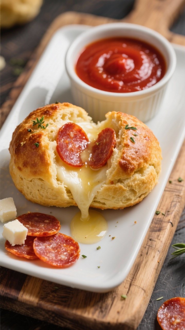 45-degree plated presentation of pepperoni pizza bombs: golden, puffed biscuit-dough spheres split open to reveal molten low-moisture mozzarella stretch and twin pepperoni slices inside; a glossy brush of melted butter on top with a light sprinkle of dried Italian herbs; ramekin of bright red pizza sauce for dipping; placed on a rustic wooden board with a few loose pepperoni slices and mozzarella cubes as styling elements.