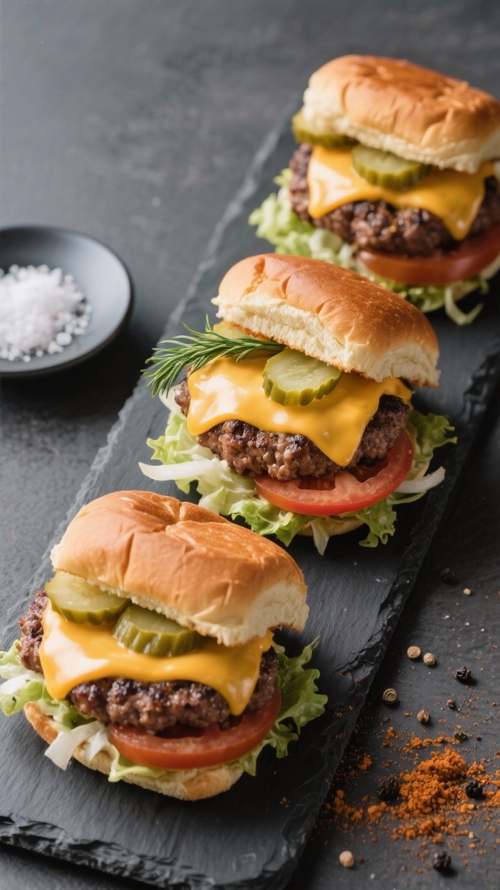 45-degree plated presentation of Shake Shack-inspired smash-style cheeseburger sliders: thin, craggy-edged patties on toasted slider buns, melted American cheese draped down the sides, layered with thin dill pickle slices, shredded lettuce, and tomato slices; sprinkle of black pepper and onion powder on a nearby plate, kosher salt pinch visible; arranged in a tight trio on a charcoal board with shallow depth of field.