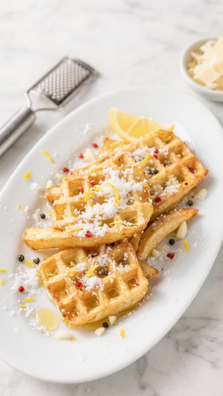 45-degree plated presentation of waffle fries glistening with olive oil and blanketed in a “snowfall” of finely grated Parmesan, lemon zest shimmering on top. Tiny red pepper flakes and black pepper specks dot the surface, with flecks of very finely minced garlic visible between the lattice. Served on a cool-toned white plate over a light marble surface; a microplane with fresh lemon and a small bowl of extra Parm nearby. Bright, clean lighting for a fresh, zesty vibe.