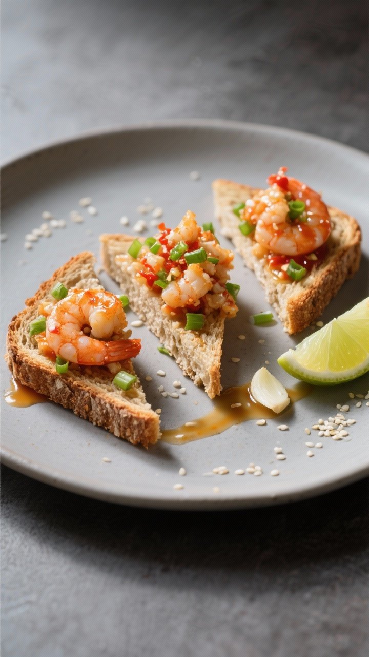 45-degree plated scene of sweet chili shrimp toasts: diagonally cut whole-grain bread triangles, edges shatter-crisp, topped with minced shrimp mixture glistening with sweet chili glaze; visible bits of green onion, grated ginger, and garlic; a sheen of sauce pooling slightly on a matte plate; sesame seeds and lime wedge accents; sound-of-crunch implied by sharp side lighting.