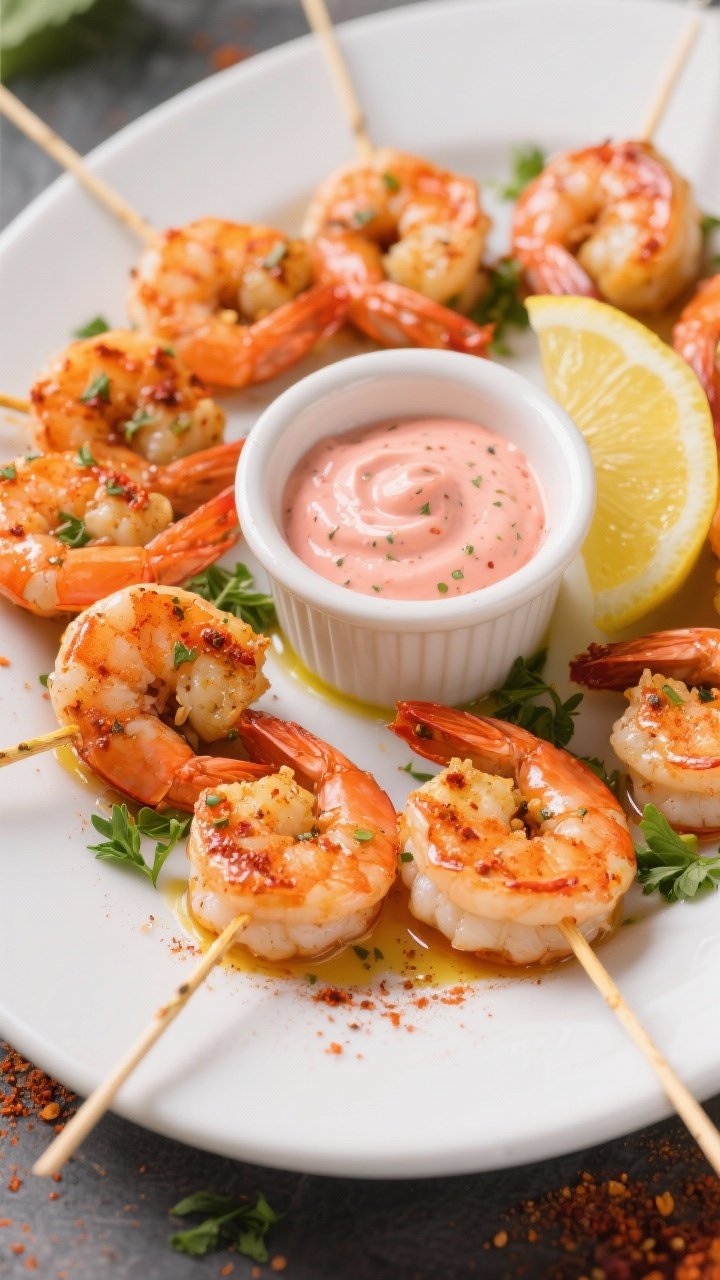 45-degree plated shot of Cajun shrimp cocktail bites: large shrimp with tails on, glistening with olive oil, Cajun seasoning, smoked paprika, garlic powder, and a hint of cayenne. Skewered or neatly fanned on a white platter with a central ramekin of zesty remoulade (pinkish-orange, flecked with herbs). Lemon wedges and parsley scatter. Bright, punchy color grading to emphasize the spice rub and shrimp’s snap.