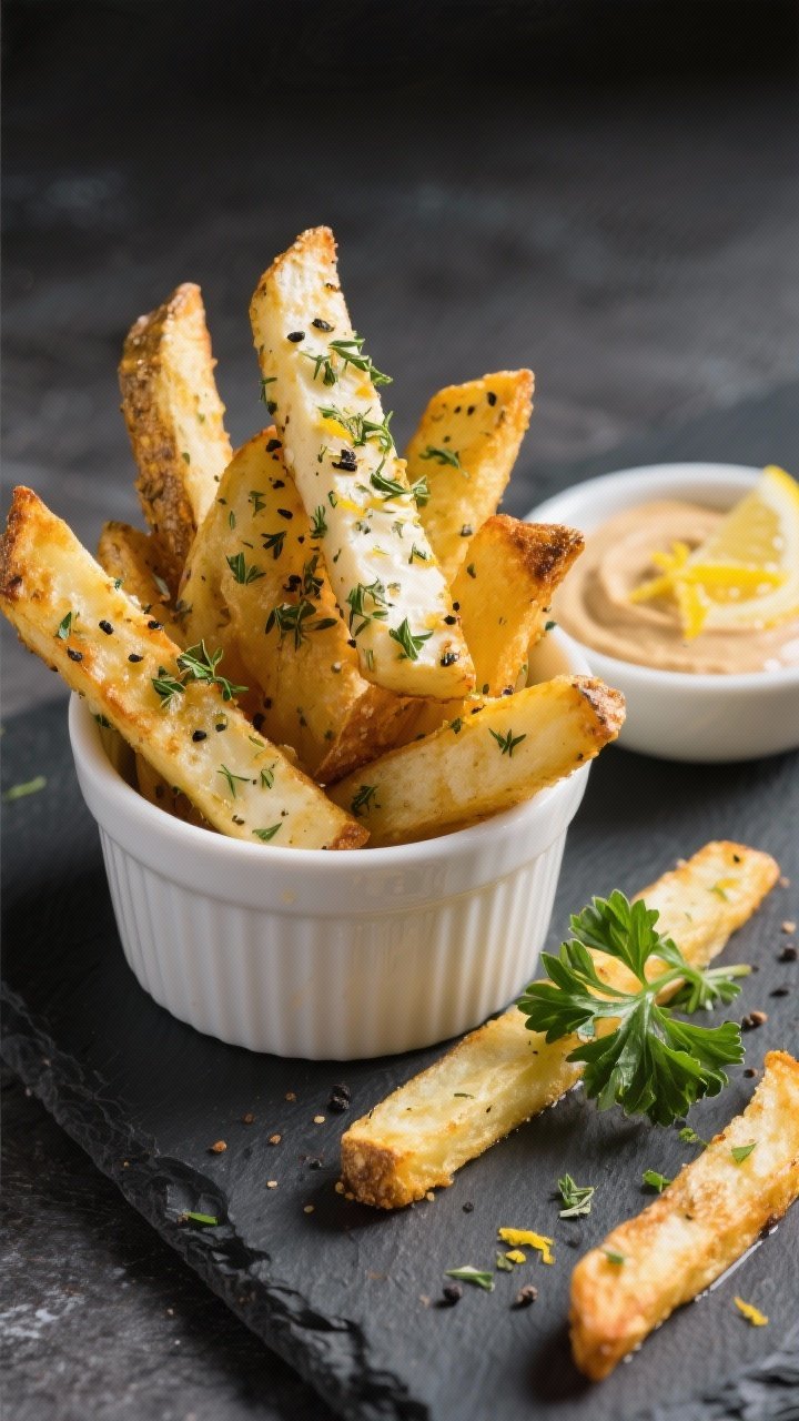 45-degree plated shot of herby halloumi fries: golden, crisp batons dusted with dried oregano and black pepper, lightly misted with olive oil spray for sheen. A small bowl of zesty lemon-tahini dip (tahini, lemon) garnished with lemon zest and parsley on the side. Fries stacked in a white ramekin with a few scattered on a slate board.