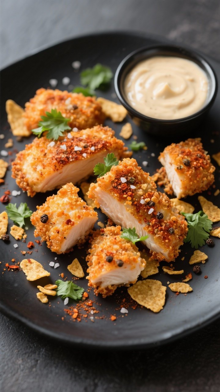 45-degree plated shot of nacho-crusted chicken bites with a two-layer seasoning approach: chunks of chicken breast first seasoned with kosher salt, chili powder, garlic powder, smoked paprika, cumin, and black pepper, then coated in crushed nacho chips for a craggy, orange-gold crust; bites arranged on a matte black plate with a sprinkling of extra seasoning and chopped cilantro; creamy dipping sauce in a ramekin; crumbs scattered artfully to emphasize crunch.