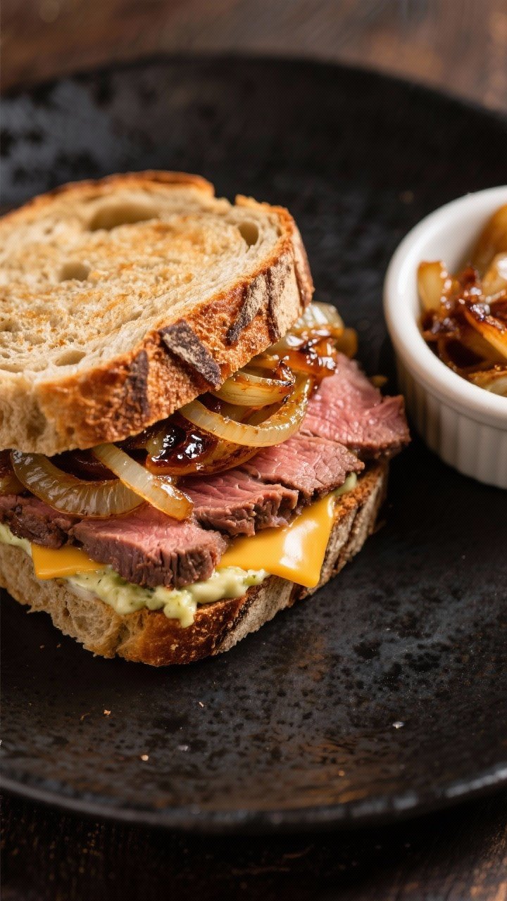45-degree plated shot of roast beef, horseradish cheddar, and caramelized onion crunch sandwich on rye/marble rye: deeply caramelized onions tucked under thinly sliced deli roast beef, melted horseradish cheddar seeping at the edges, buttery toasted crust; served on a dark ceramic plate with a side ramekin of extra caramelized onions; rustic pub feel, focused on the contrast between marbled bread and glossy onions.