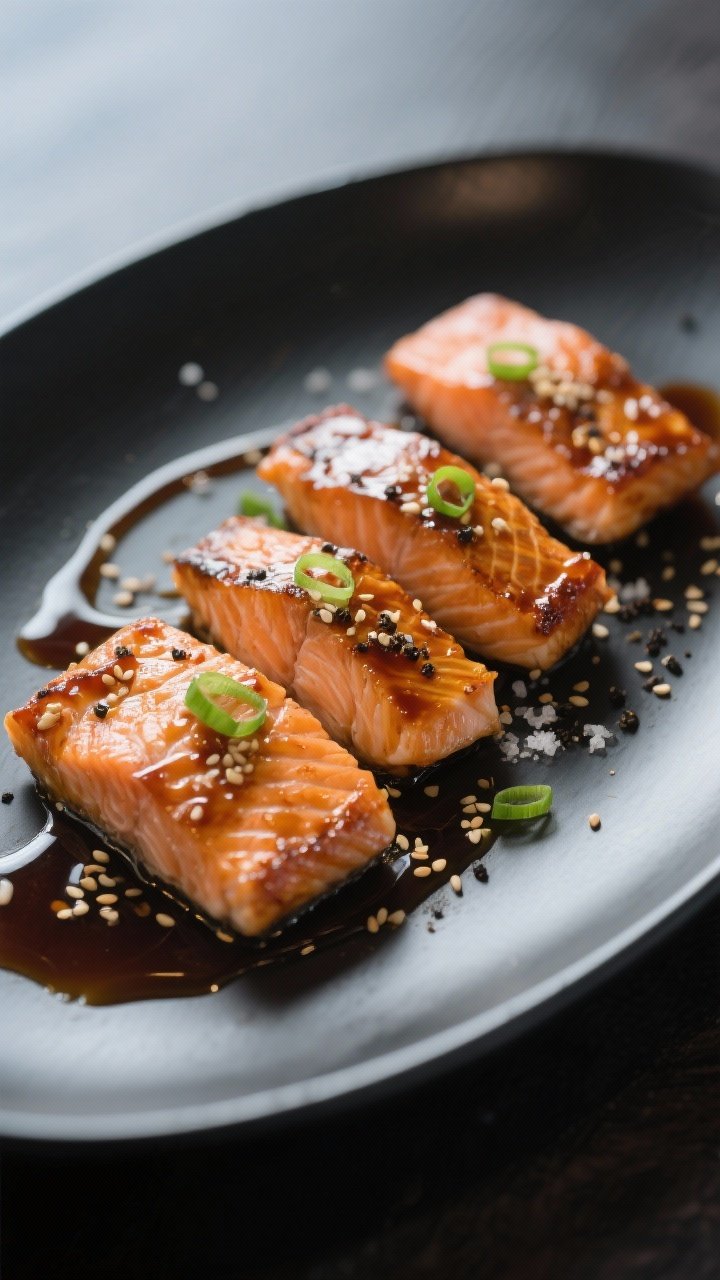 45-degree plated shot of sticky teriyaki salmon: four skin-on fillets with lacquered teriyaki-honey glaze and crisped edges, arranged on a matte black platter; light brush of olive oil, kosher salt, black pepper visible on the skin; a pooling ribbon of glossy sauce; sesame seeds and thin scallions optional garnish; clean, modern Japanese-inspired styling.