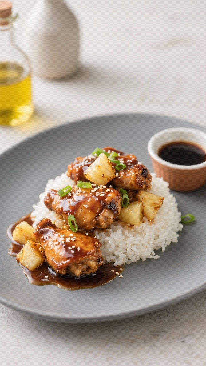 45-degree plated teriyaki chicken thigh bites with pineapple: juicy bite-size chicken thighs glazed with teriyaki and rice vinegar, mingled with caramelized pineapple chunks. Garnish with thinly sliced scallions or sesame seeds optional. Serve over a small mound of white rice on a matte gray plate, glossy sauce pooling slightly. Bottle or ramekin of teriyaki in background, neutral oil bottle just out of focus.