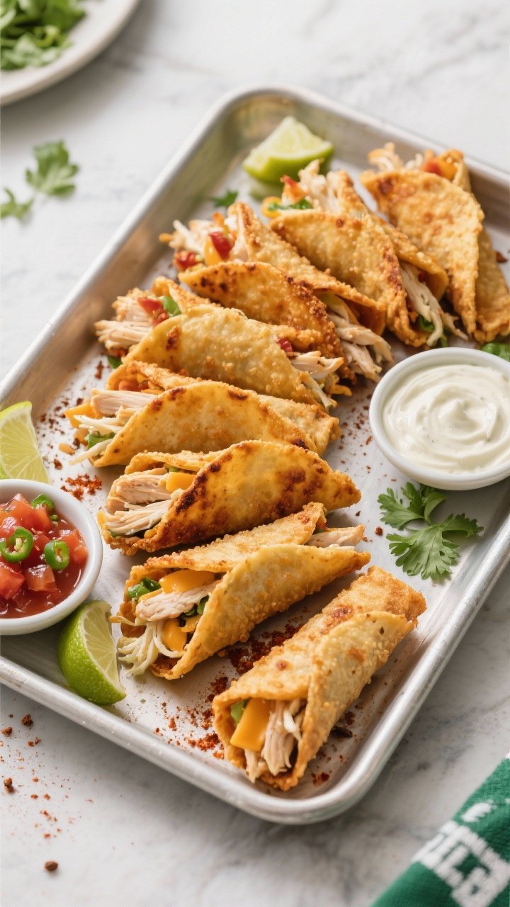 45-degree platter shot: Air-fried crispy chicken taquito dippers arranged in a fan on a sheet pan, tightly filled with shredded rotisserie chicken, pepper jack, salsa, chili powder, and cumin; edges blistered and golden; small bowls of salsa and creamy dip alongside; scattered lime wedges and cilantro for a game-day vibe.