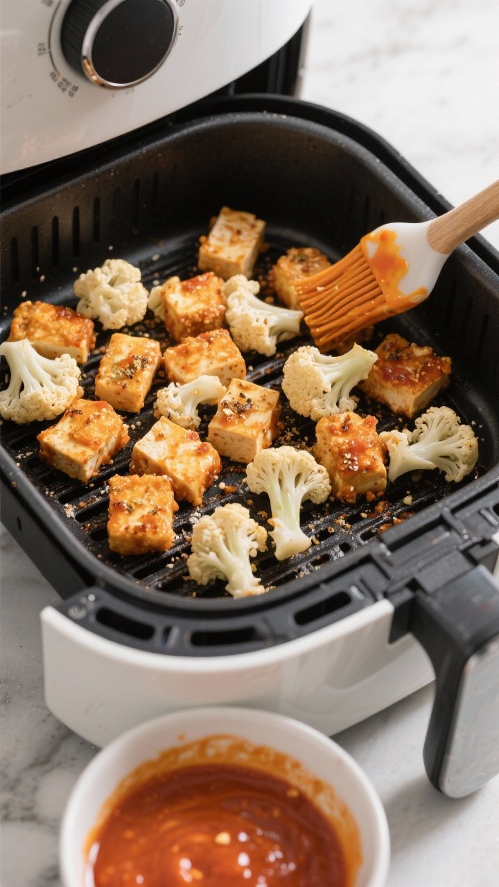 45-degree process shot of Buffalo Cauliflower Tofu “Nuggets” on an air fryer basket: irregular nuggets made from pressed extra-firm tofu and small cauliflower florets, lightly coated in cornstarch, almond flour, garlic powder, and seasoning, mid-cook turning golden. A warm bowl of buffalo sauce waiting beside the basket, a silicone brush with sauce droplets. Crisp texture emphasized, clean modern kitchen backdrop.