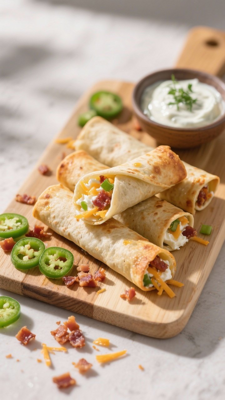 45-degree process shot of jalapeño popper taquitos on a board: small flour tortillas rolled tight around a visible filling of cream cheese and shredded pepper jack, with bits of chopped bacon and fine diced jalapeños at the edges; taquitos lightly misted with oil before air-frying; a small bowl of creamy ranch dip garnished with herbs; a scattering of jalapeño rings and bacon crumbs for context; bright, zesty mood.