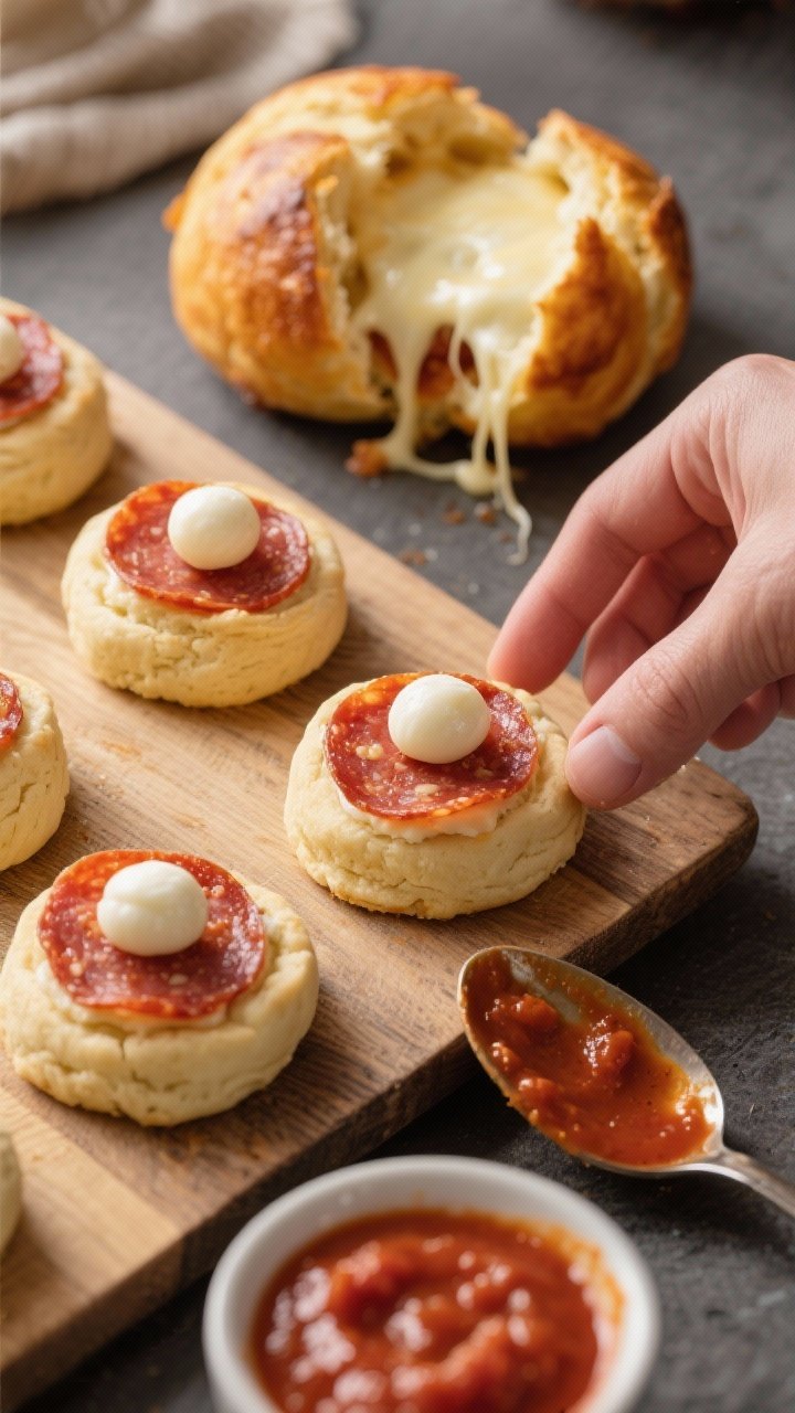 45-degree process shot of pepperoni pizza bombs being assembled: biscuit dough rounds on a board, each topped with a mozzarella pearl and three mini pepperoni slices, a spoonful of pizza sauce nearby. In the background, a finished golden-brown pizza bomb torn open to reveal molten mozzarella, strings of cheese stretching.
