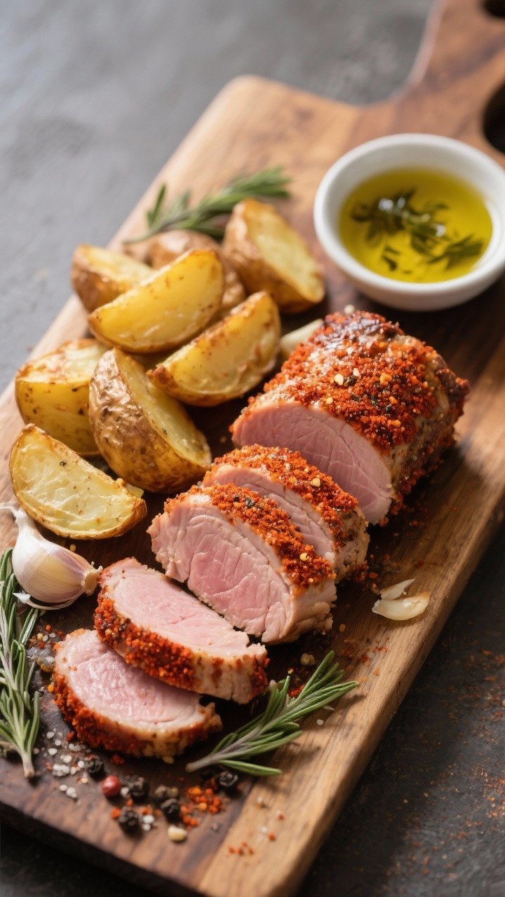 45-degree roast board shot of smoky paprika pork tenderloin sliced into medallions revealing a juicy blush center, crusted with smoked paprika, garlic powder, onion powder, thyme, black pepper, and kosher salt; served with garlic-roasted potatoes, golden and crisp; a small dish of olive oil and a sprinkle of fresh herbs round out the rustic, hearty presentation.