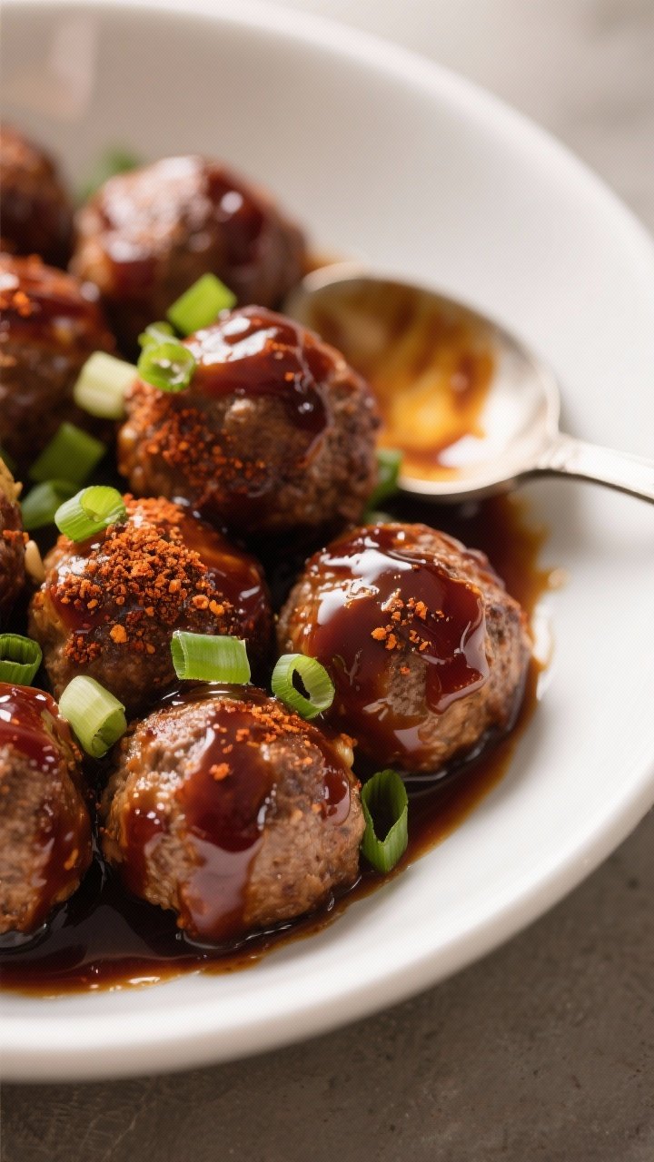 45-degree saucy close-up: Smoky BBQ cocktail meatballs in a shallow white bowl, coated in a thick maple-mustard-BBQ glaze with smoked paprika and garlic powder. Sauce clings and pools with a deep mahogany sheen, chopped scallions sprinkled over for a fresh green accent. A basting spoon resting on the rim with streaks of glaze; background softly blurred to emphasize glossy texture.