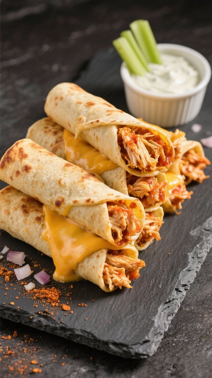45-degree shot of Buffalo ranch chicken taquitos stacked on a slate board: tightly rolled, golden, blistered tortillas filled with shredded chicken tossed in Buffalo sauce and ranch, with Monterey Jack cheese melting at the seam. Sprinkle of garlic and onion powder, a ramekin of ranch for dipping, celery sticks for color pop. Crisp edges in focus; dynamic diagonal composition.