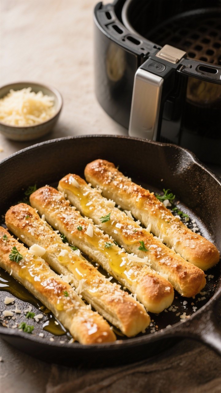 45-degree shot of Olive Garden-style garlic-parmesan breadsticks just brushed: glossy melted butter and olive oil sheen, dusting of garlic powder, kosher salt, grated Parmesan, and a sprinkle of dried parsley; lined up in a cast-iron pan beside an air fryer basket; warm, inviting light, soft shadows, and a small bowl of extra Parmesan in frame.